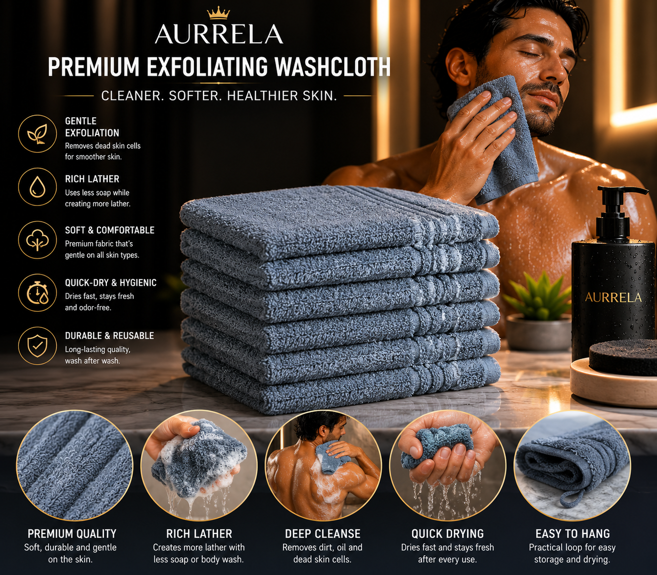 Aurrela | Premium Exfoliating Washcloth | set of 5 pieces