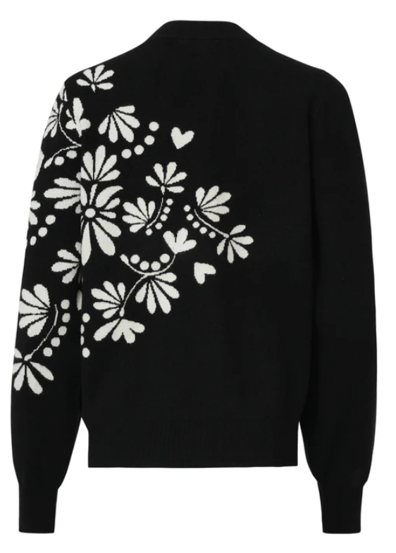 Zwart En Offwhite Bloemenprint Met V-Hals Gebreide Top | Black - Off White