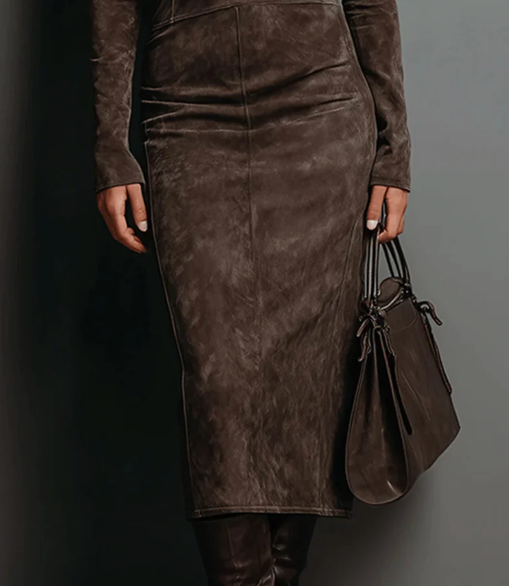 Elegant Suede Midi Dress | Long Sleeves & High Neck