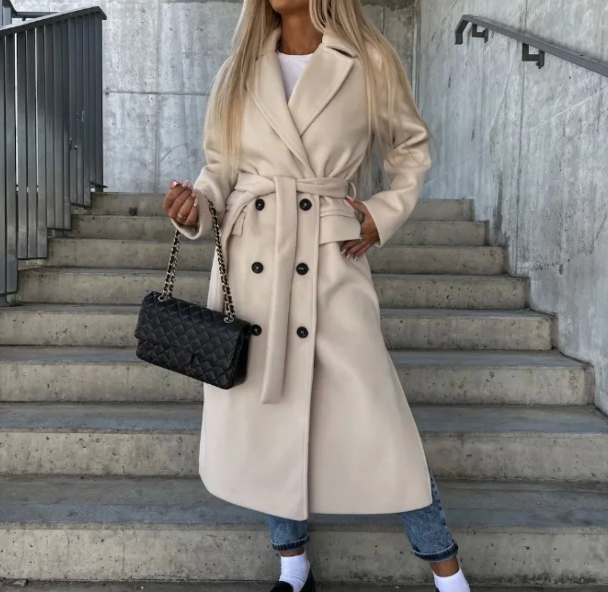 Double-Breasted Women’s Coat with Belt | Camel Brown