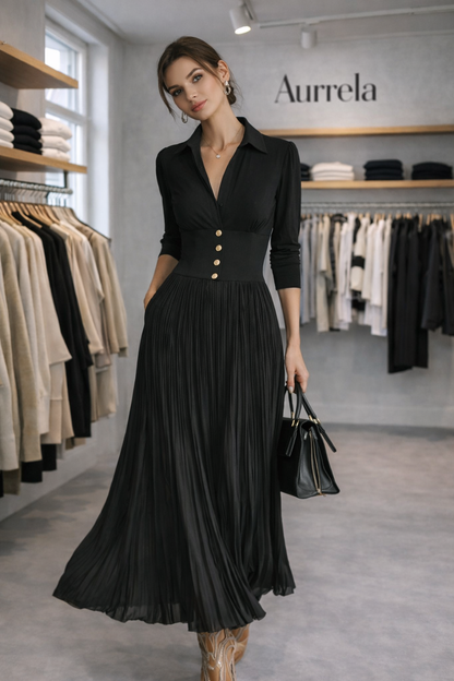 Aurrela – Chic Fitted Waist Dress | Black