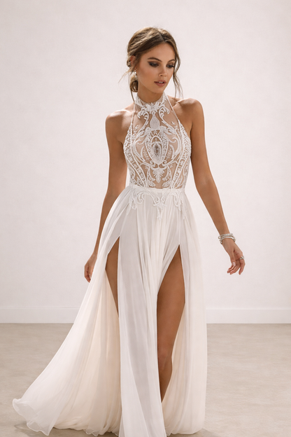 Dress Boho Bride Gown Halter Lace Top Chiffon Sexy High Side