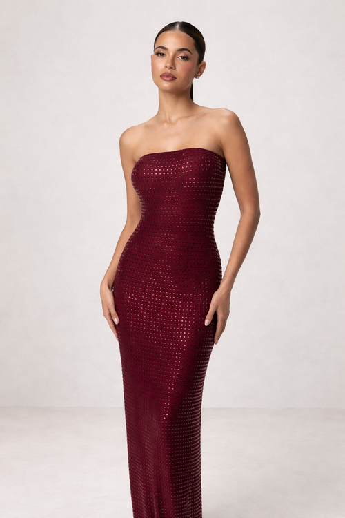 Redwine Beaded Strapless Long Maxi Dress