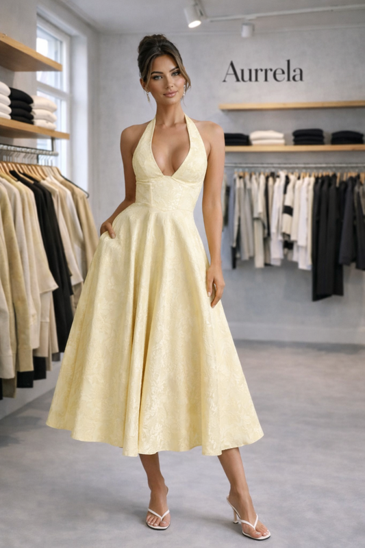 Aurrela | Chic Low Cut Sleeveless Open Back A-Line Halter Maxi Dress
