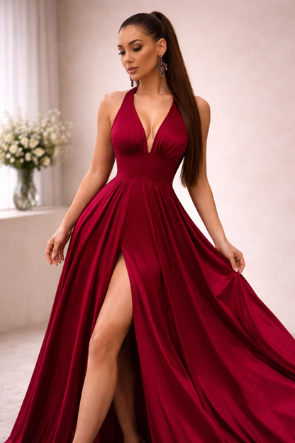 Satin Summer Dress with V-Neck and Slit | Effortless Glamour