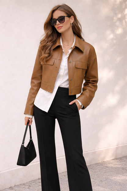 Short Leather Women’s Jacket | Warm Camel Brown