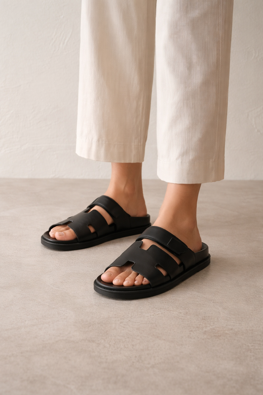 Minimalist Leather Slide Sandals | Black