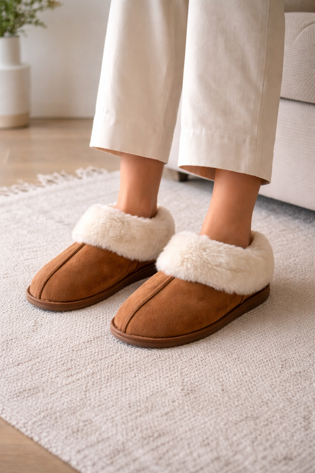 Women’s Faux Suede Slippers with Plush Ankle Collar | Chestnut