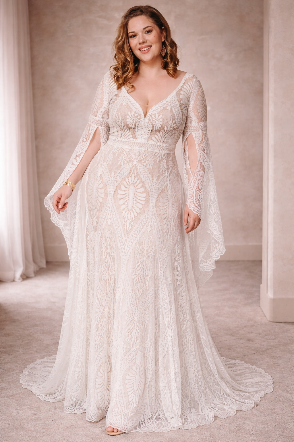Long-Sleeved Flowing Beach Dress Plus Size | V-Neck Wedding Dress