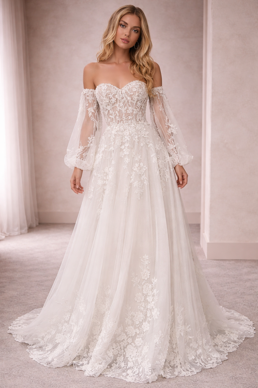 Boho A-Line Wedding Dress for Women | Off-the-Shoulder Elegance
