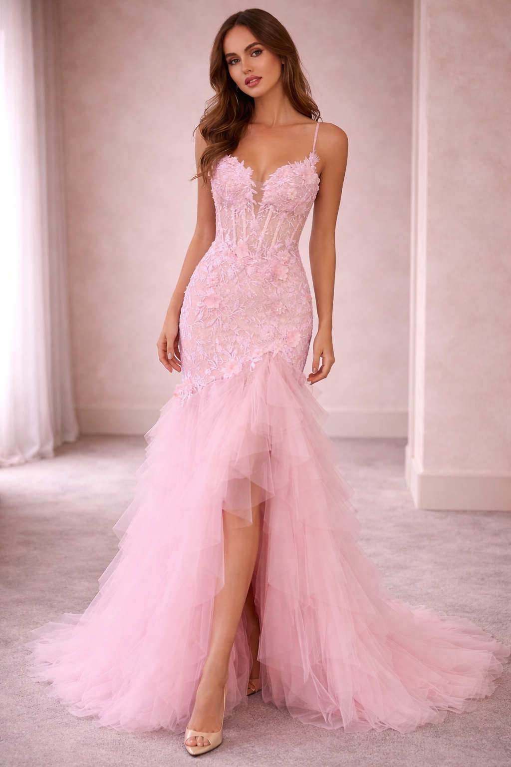 Baby Pink Evening Dress | Lace Appliqués