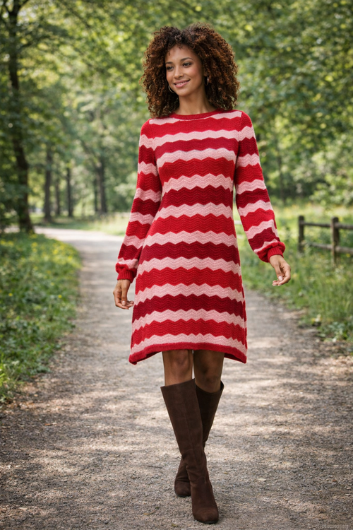 Damesgebreide Jurk Zand Met Golfpatroon Pof | Red - Pink