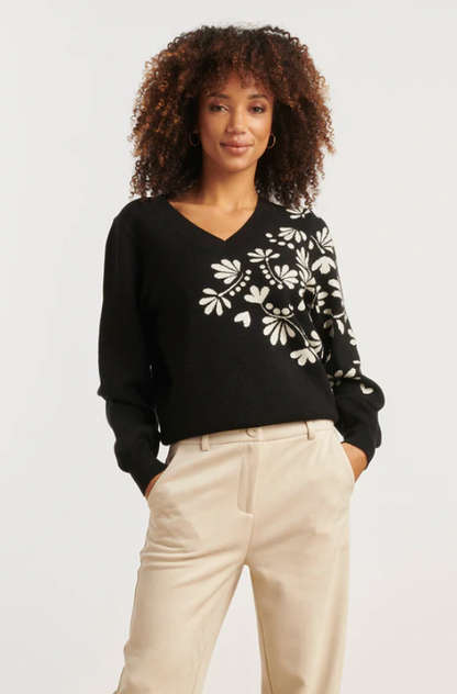 Zwart En Offwhite Bloemenprint Met V-Hals Gebreide Top | Black - Off White