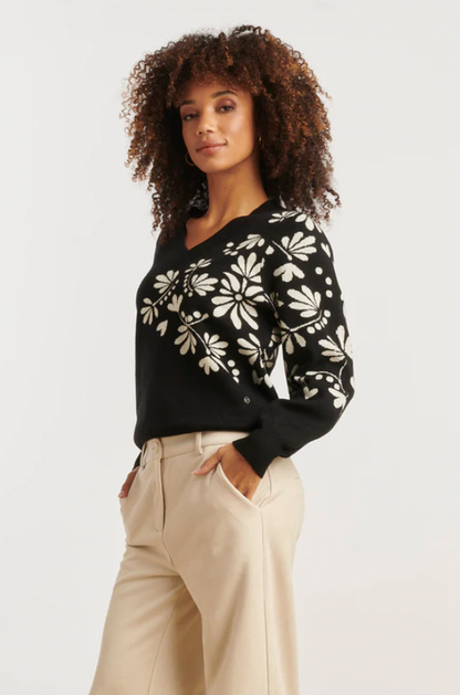 Zwart En Offwhite Bloemenprint Met V-Hals Gebreide Top | Black - Off White