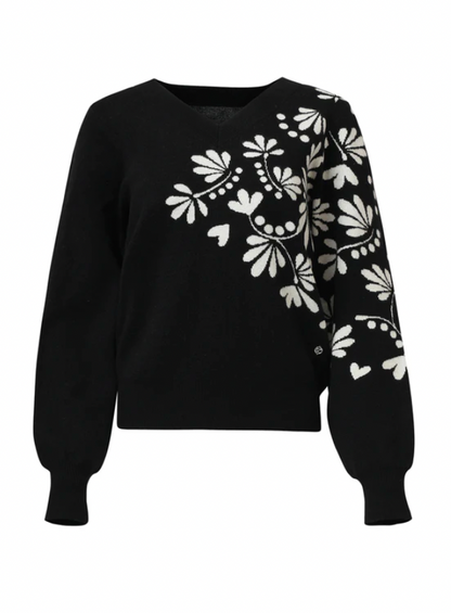 Zwart En Offwhite Bloemenprint Met V-Hals Gebreide Top | Black - Off White