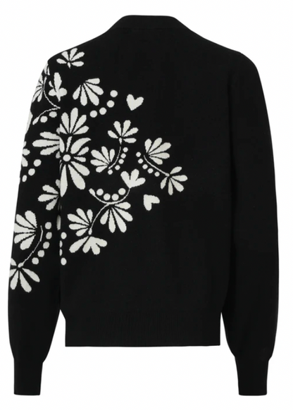 Zwart En Offwhite Bloemenprint Met V-Hals Gebreide Top | Black - Off White