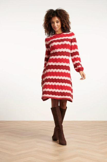 Damesgebreide Jurk Zand Met Golfpatroon Pof | Red - Pink