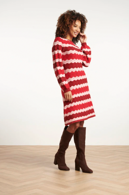 Damesgebreide Jurk Zand Met Golfpatroon Pof | Red - Pink