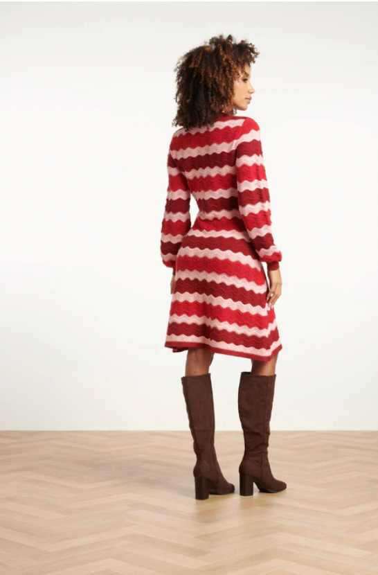 Damesgebreide Jurk Zand Met Golfpatroon Pof | Red - Pink