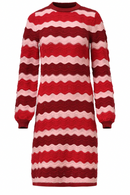 Damesgebreide Jurk Zand Met Golfpatroon Pof | Red - Pink