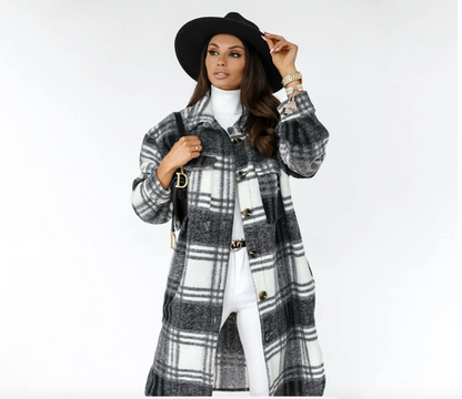 Women’s Plaid Pattern Coat | Grey – White