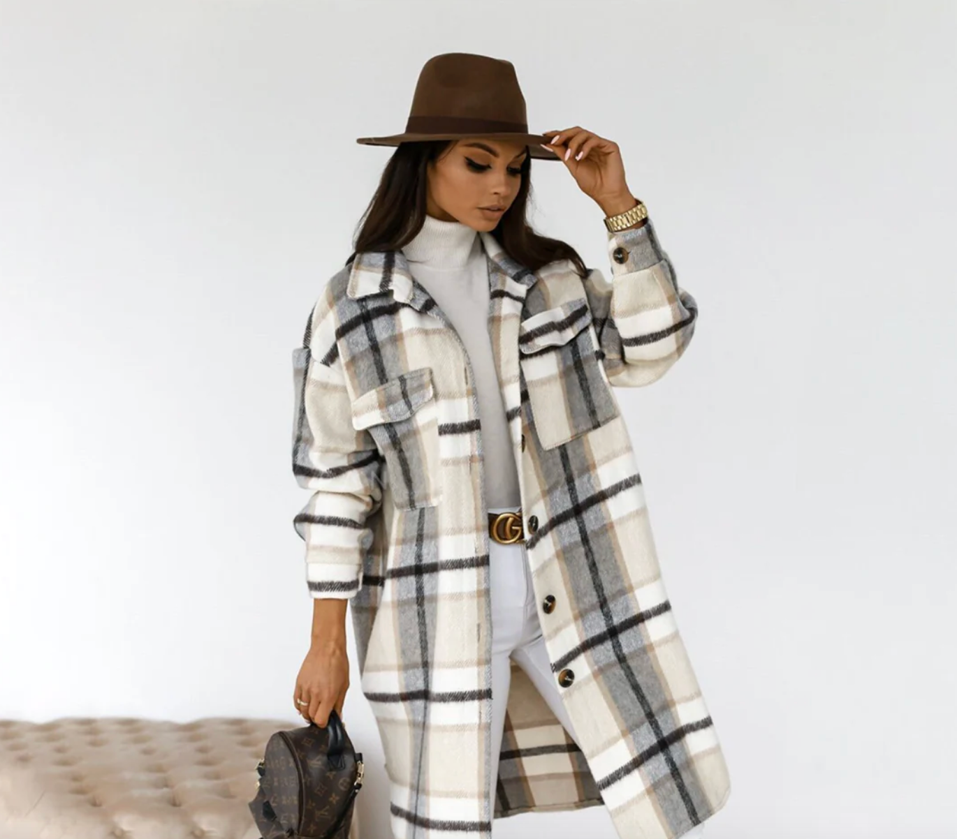 Women’s Plaid Pattern Coat | Grey – White