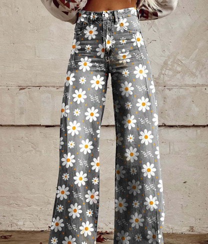 Wide-Leg Floral Print Jeans for Women | Grey with Daisy Pattern