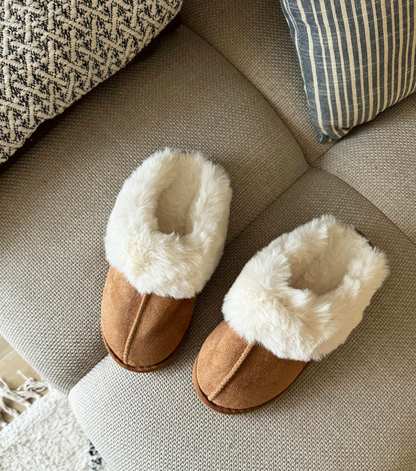 Women’s Faux Suede Slippers with Plush Ankle Collar | Chestnut
