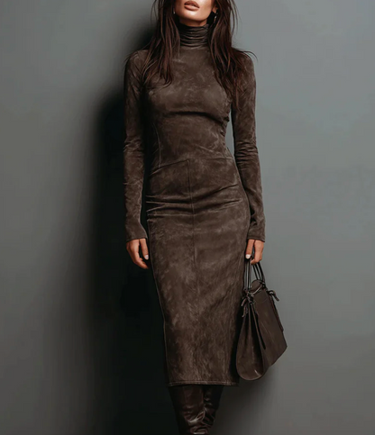 Elegant Suede Midi Dress | Long Sleeves & High Neck
