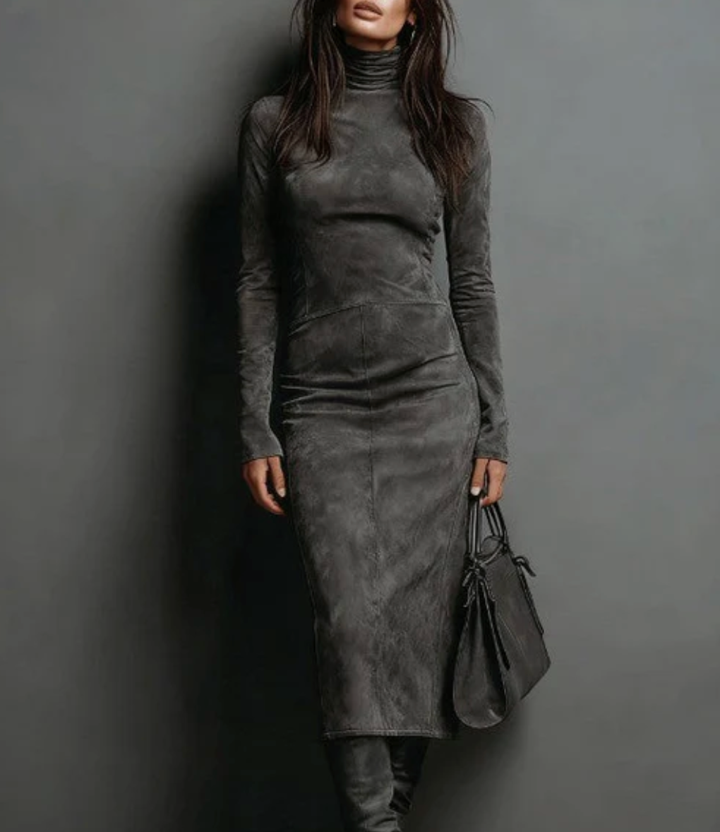 Elegant Suede Midi Dress | Long Sleeves & High Neck
