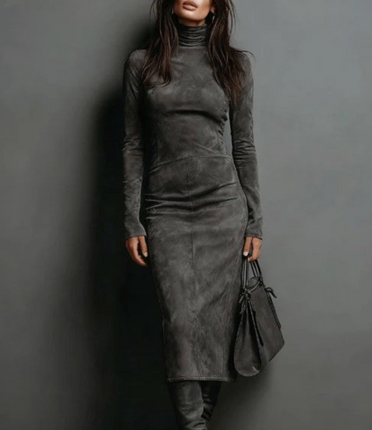 Elegant Suede Midi Dress | Long Sleeves & High Neck