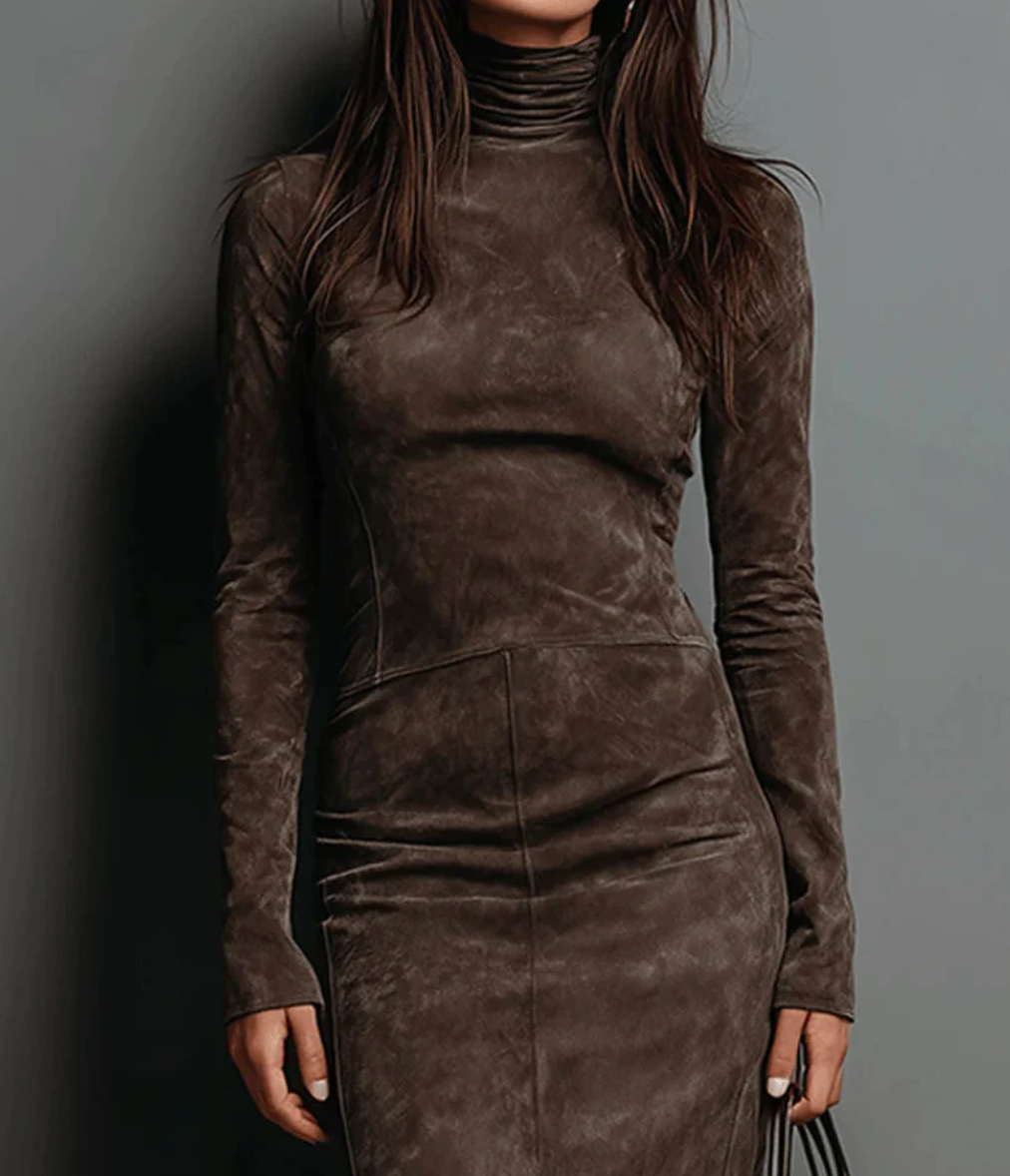 Elegant Suede Midi Dress | Long Sleeves & High Neck