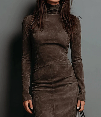 Elegant Suede Midi Dress | Long Sleeves & High Neck