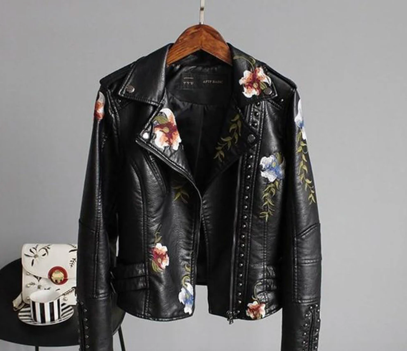 Genuine Leather Women’s Floral Biker Jacket | Black