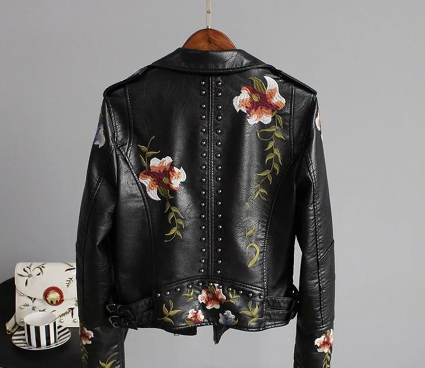 Genuine Leather Women’s Floral Biker Jacket | Black