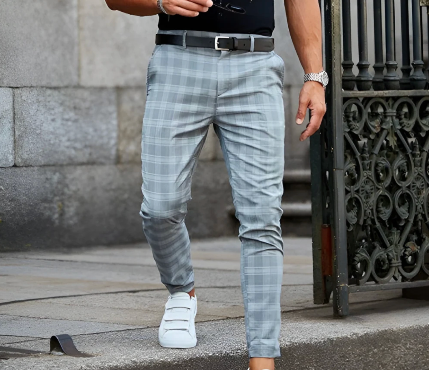 Slim Fit Checked Men’s Trousers | Charcoal Grid