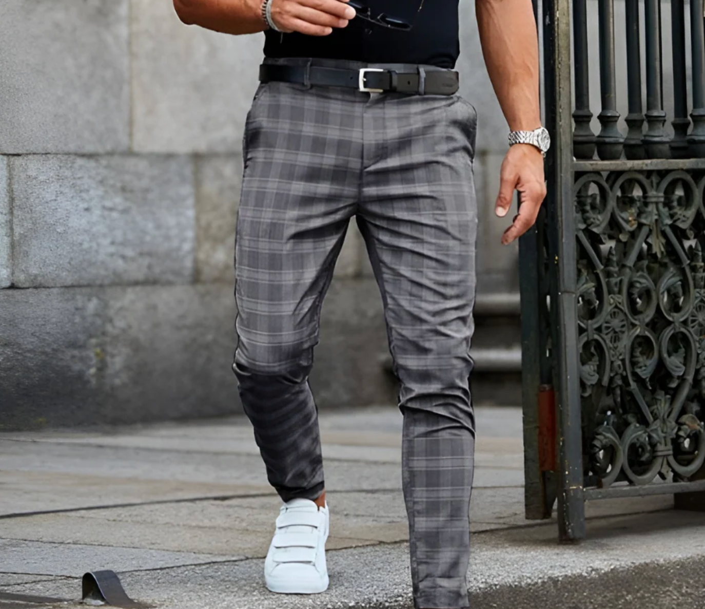 Slim Fit Checked Men’s Trousers | Charcoal Grid