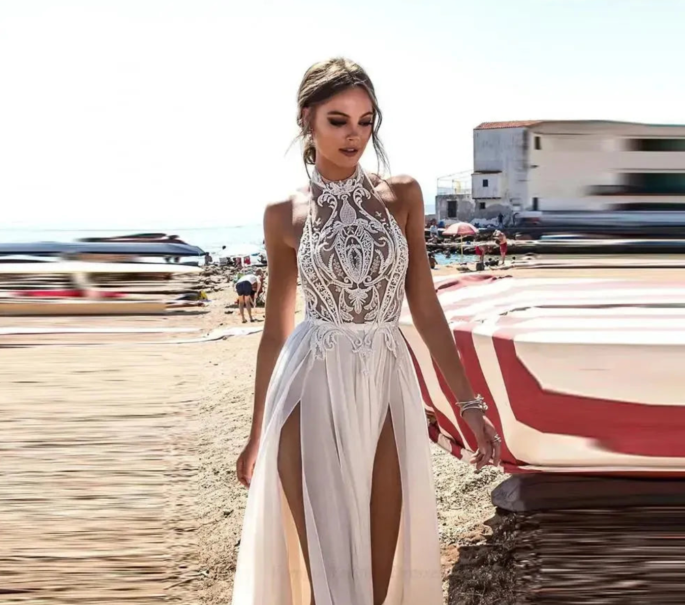Dress Boho Bride Gown Halter Lace Top Chiffon Sexy High Side