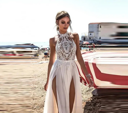 Dress Boho Bride Gown Halter Lace Top Chiffon Sexy High Side