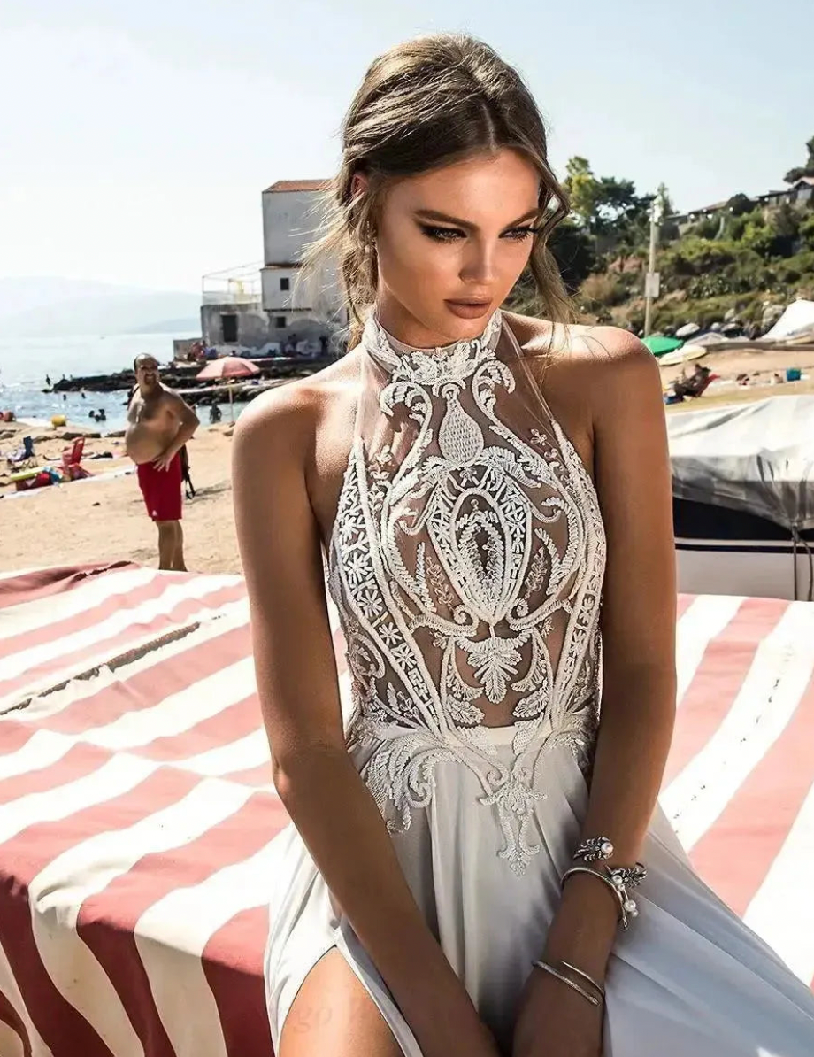 Dress Boho Bride Gown Halter Lace Top Chiffon Sexy High Side