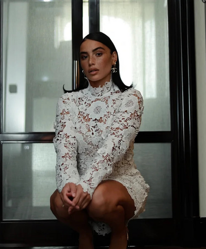 Women Long Sleeve Sexy Lace Hollow Out Bodycon Mini Dress