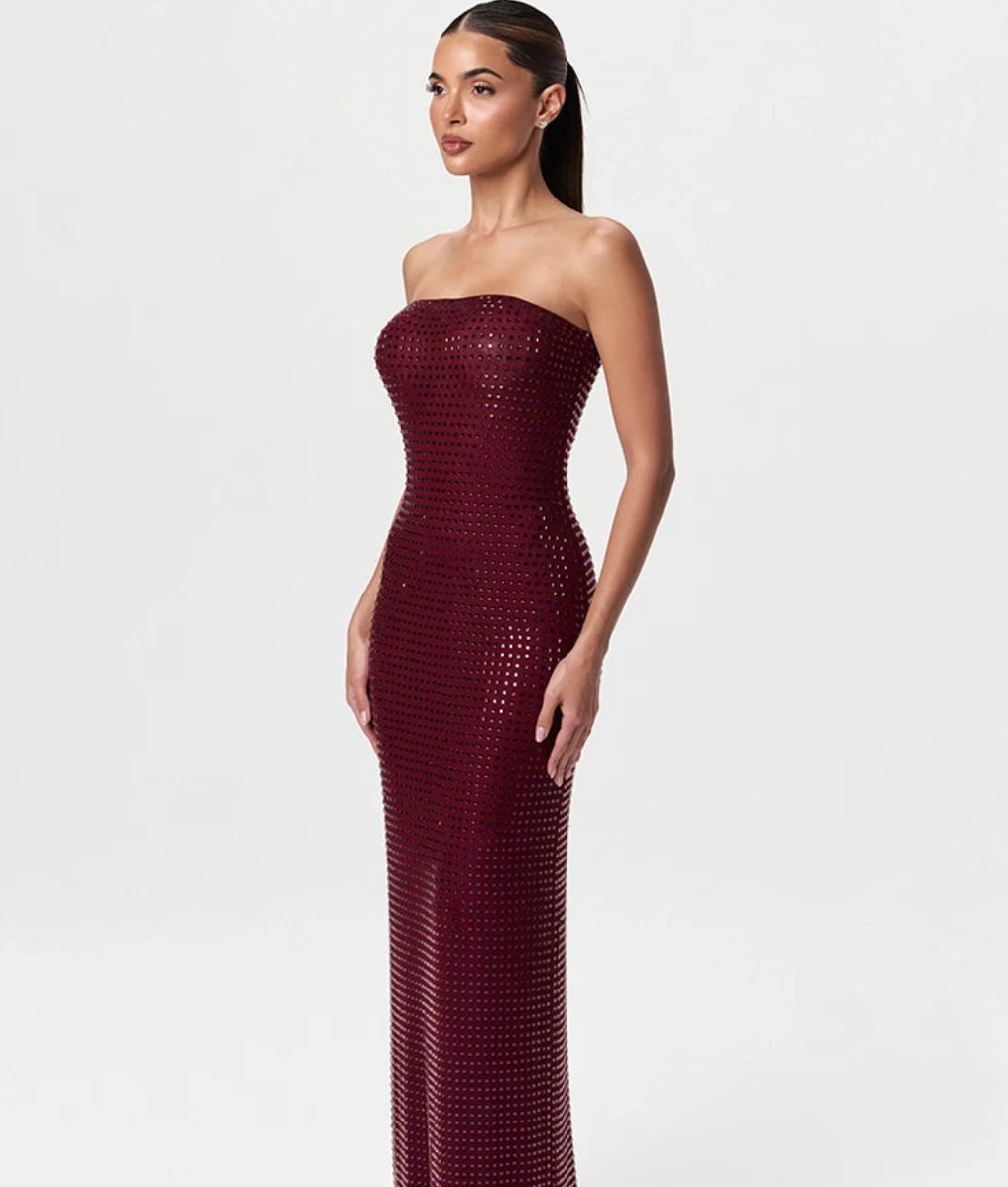 Redwine Beaded Strapless Long Maxi Dress