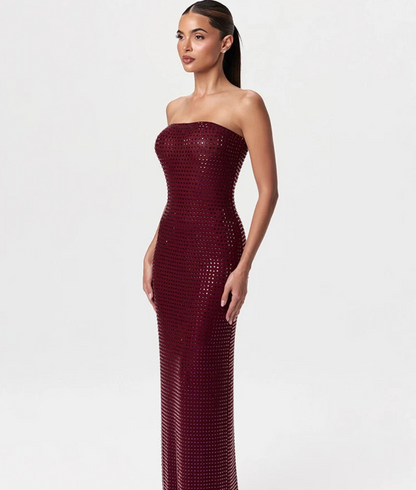 Redwine Beaded Strapless Long Maxi Dress