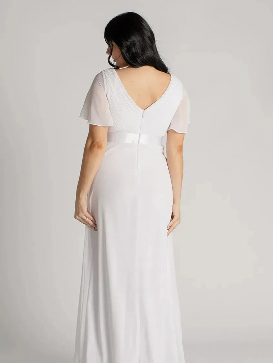 Short-Sleeved Chiffon Dress with Satin Belt | Timeless Grace