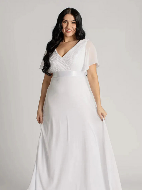 Short-Sleeved Chiffon Dress with Satin Belt | Timeless Grace