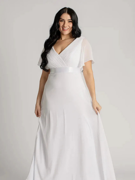 Short-Sleeved Chiffon Dress with Satin Belt | Timeless Grace
