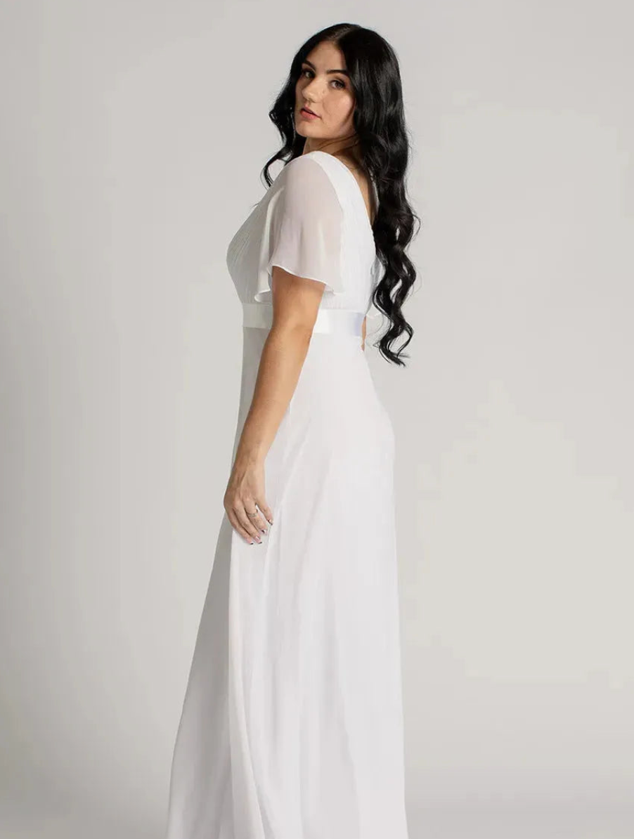 Short-Sleeved Chiffon Dress with Satin Belt | Timeless Grace