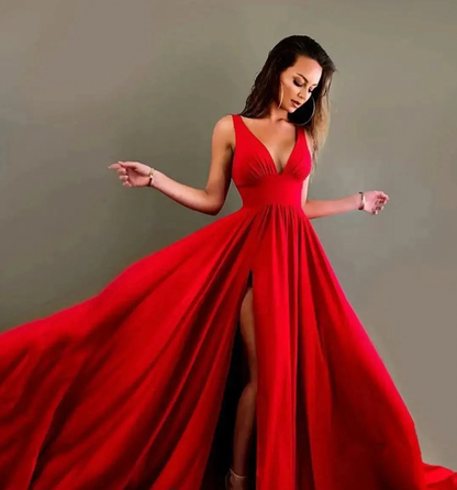 Satin Summer Dress with V-Neck and Slit | Effortless Glamour
