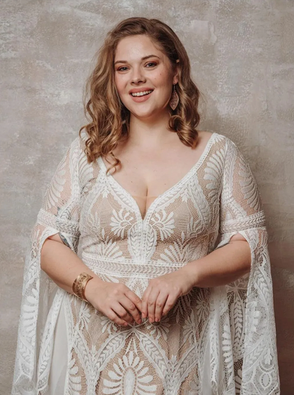 Long-Sleeved Flowing Beach Dress Plus Size | V-Neck Wedding Dress