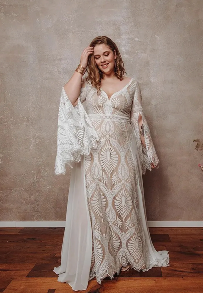 Long-Sleeved Flowing Beach Dress Plus Size | V-Neck Wedding Dress